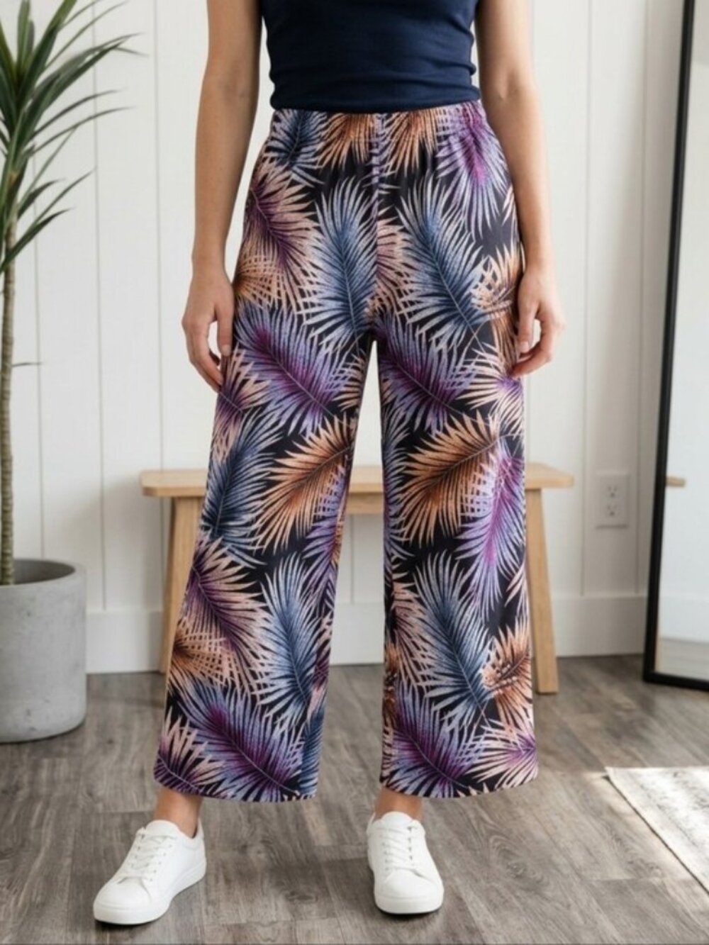 Royalty SZ XS Colorful Tropical Linen Blend Pull On Wide Leg Pants Drawstring